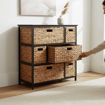 Padstow Black Storage Unit with 6 Water Hyacinth Drawers