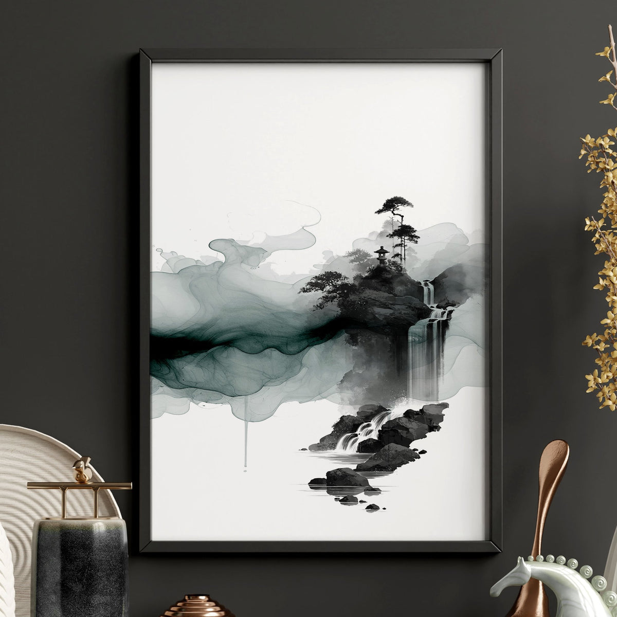Paintings Abstract Art Landscape Japanese Ink Wash Dark Green & Black wall art — piece 2 of 3 in the set