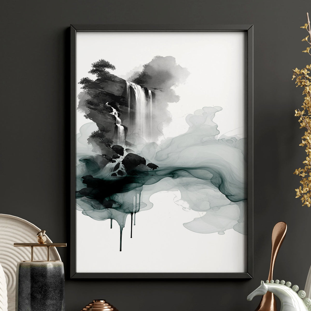 Paintings Abstract Art Landscape Japanese Ink Wash Dark Green & Black wall art — piece 3 of 3 in the set