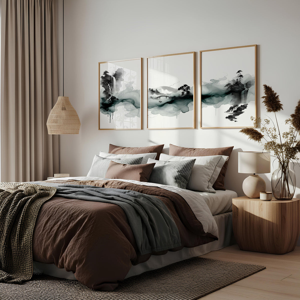 Paintings Abstract Art Landscape Japanese Ink Wash Dark Green & Black Wall Art Prints | Set of 3