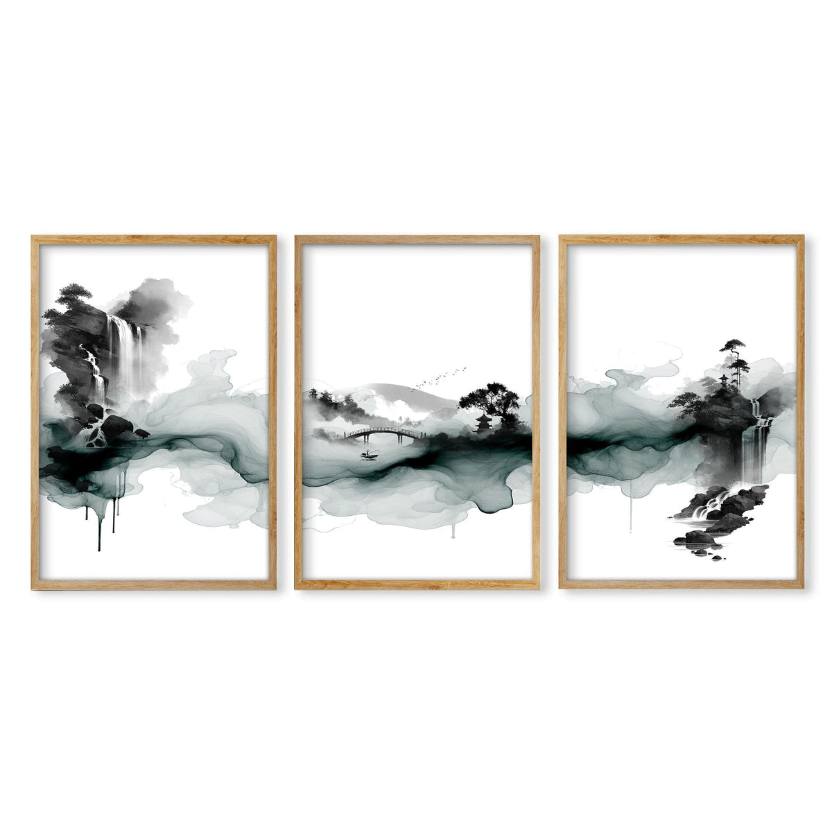Paintings Abstract Art Landscape Japanese Ink Wash Dark Green & Black Wall Art Prints | Set of 3