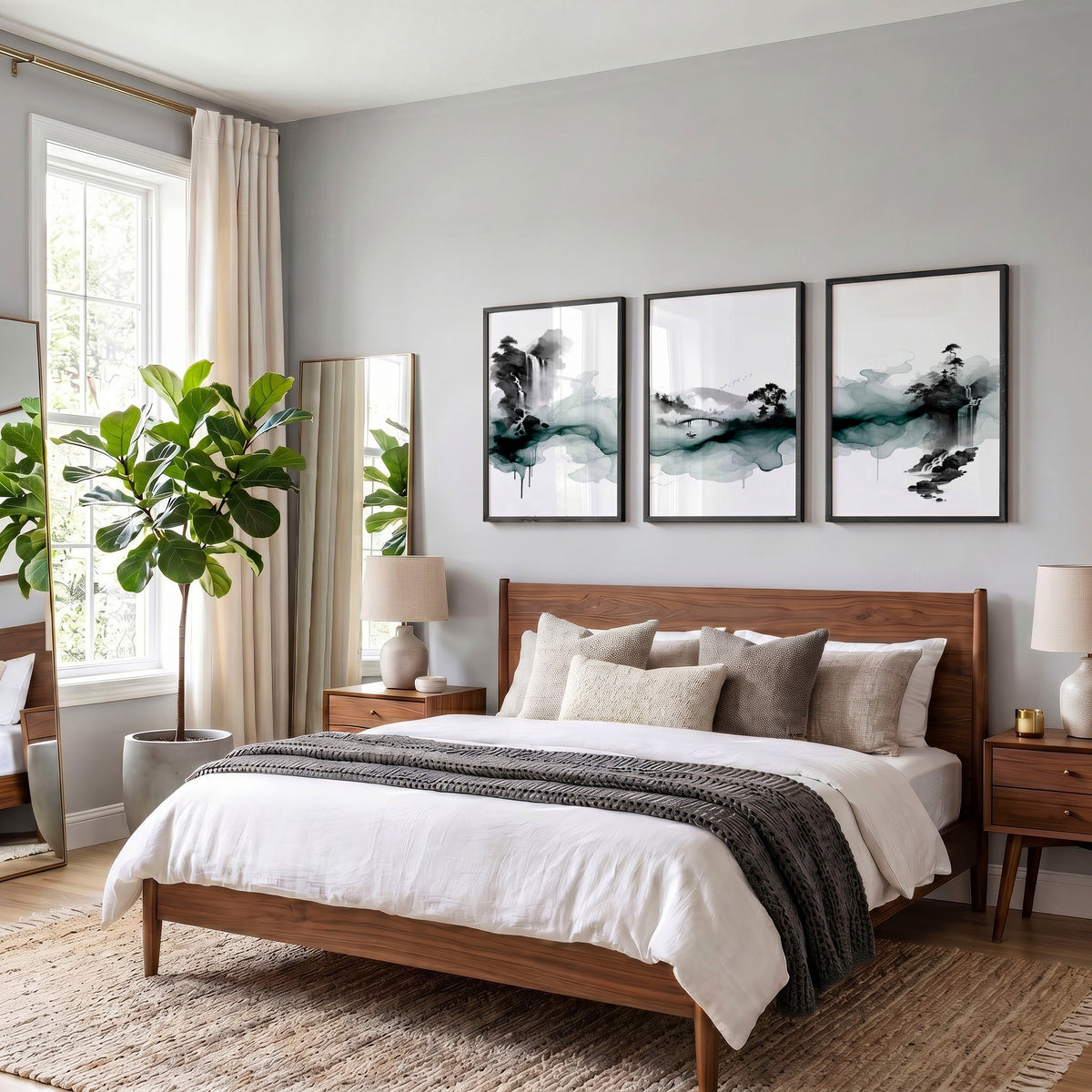 Paintings Abstract Art Landscape Japanese Ink Wash Dark Green & Black Wall Art Prints | Set of 3