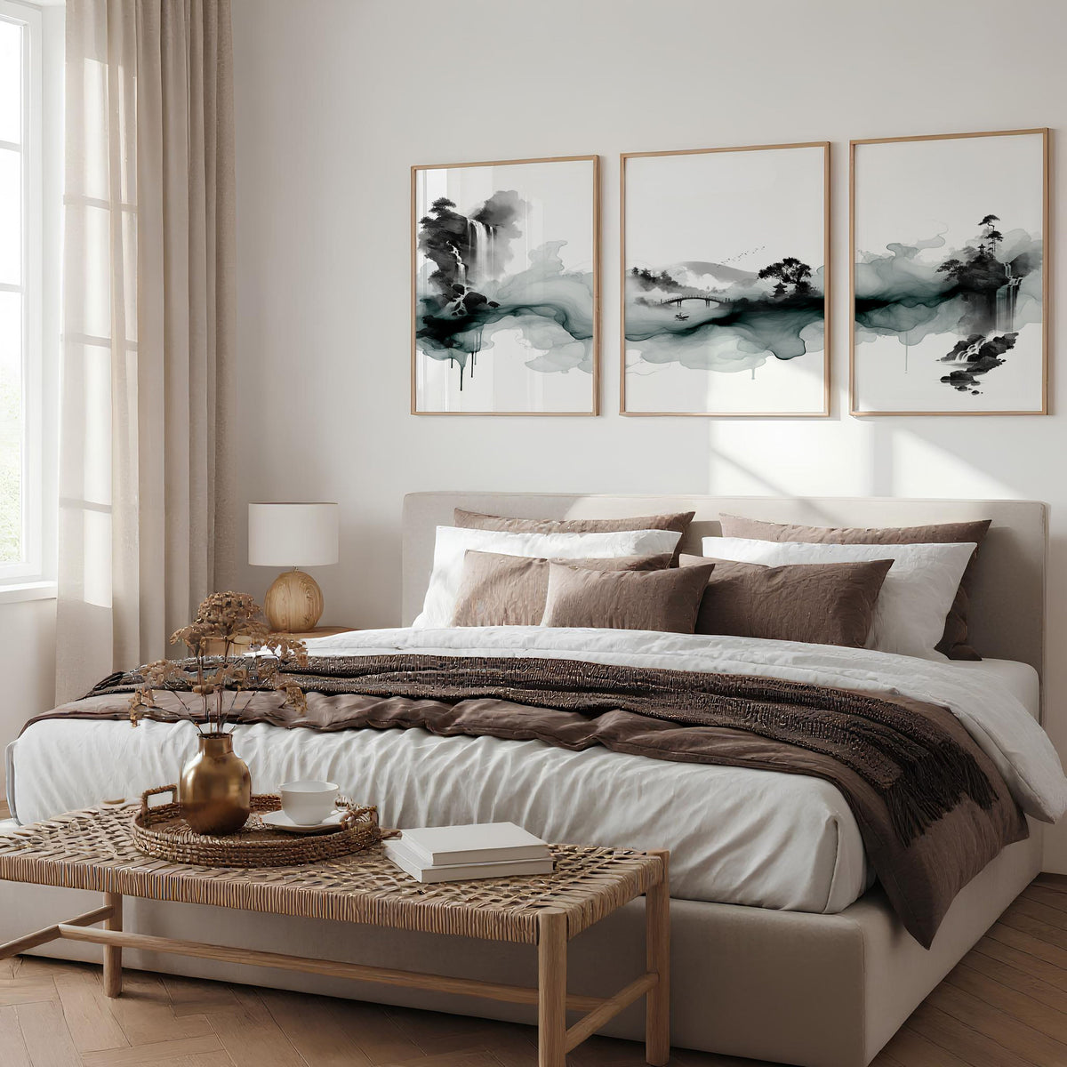 Paintings Abstract Art Landscape Japanese Ink Wash Dark Green & Black Wall Art Prints | Set of 3