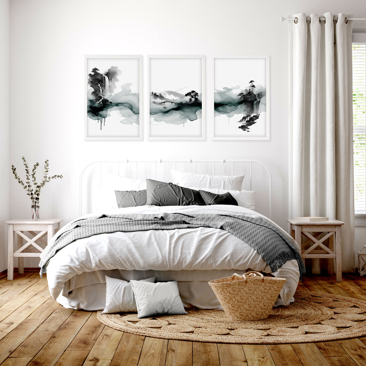 Paintings Abstract Art Landscape Japanese Ink Wash Dark Green & Black wall art displayed on a wall in a styled room — view 6