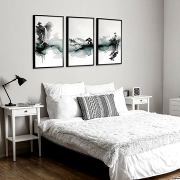 Paintings Abstract Art Landscape Japanese Ink Wash Dark Green & Black wall art displayed on a wall in a styled room — view 7