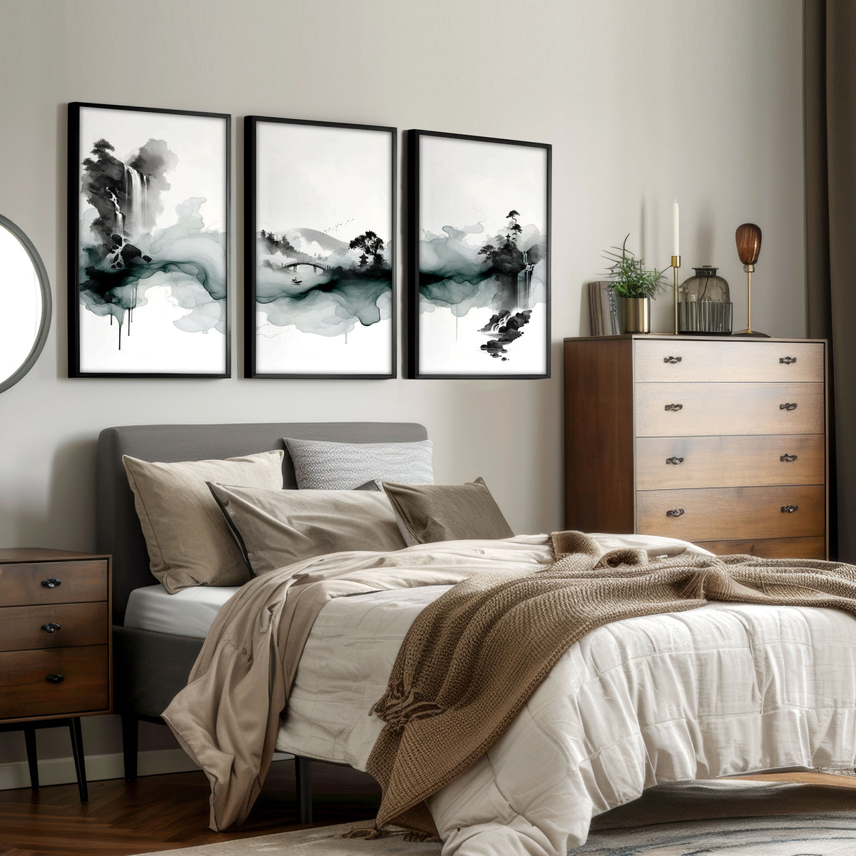 Paintings Abstract Art Landscape Japanese Ink Wash Dark Green & Black wall art displayed on a wall in a styled room — view 8