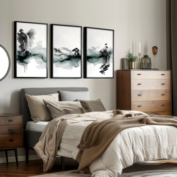 Paintings Abstract Art Landscape Japanese Ink Wash Dark Green & Black wall art displayed on a wall in a styled room — view 8