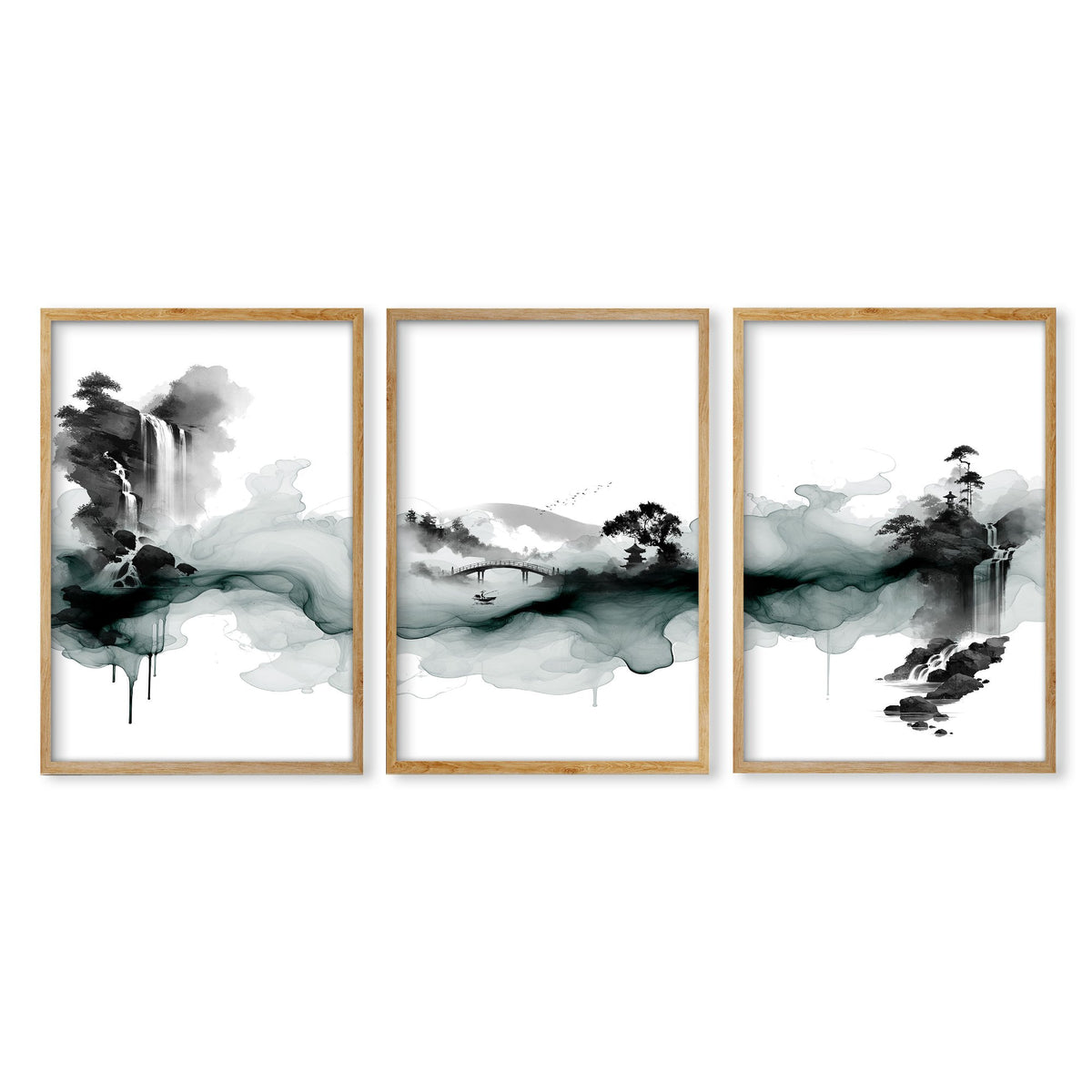Paintings Abstract Art Landscape Japanese Ink Wash Dark Green & Black wall art in an oak frame