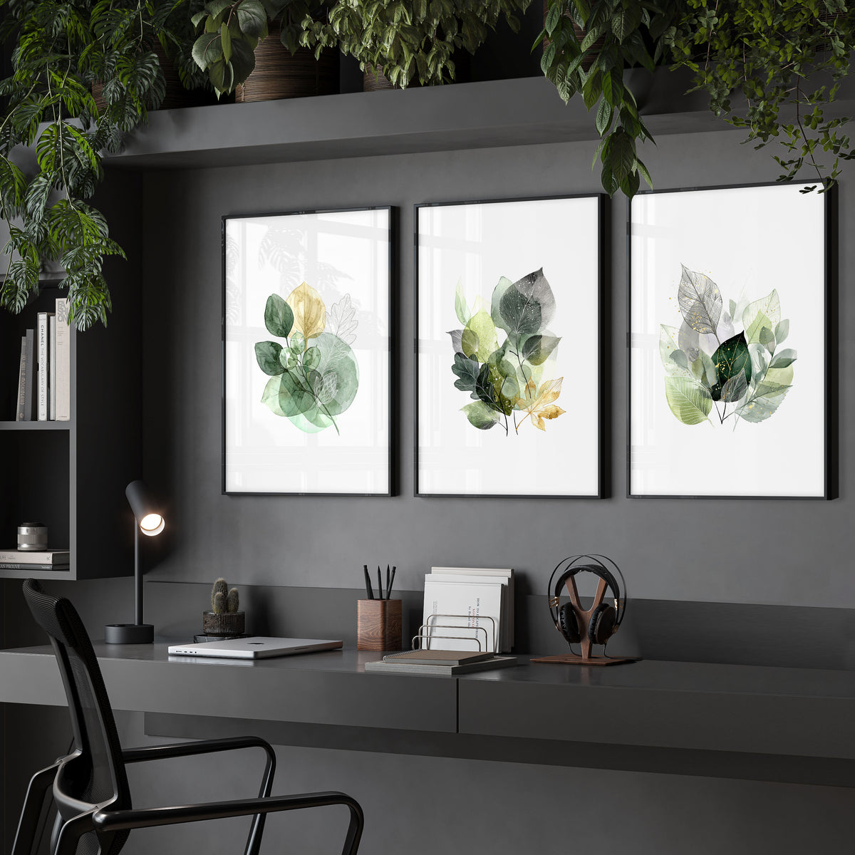 Paintings for Home Office Botanical Watercolour Leaves Green & Gold wall art displayed on a wall in a styled room