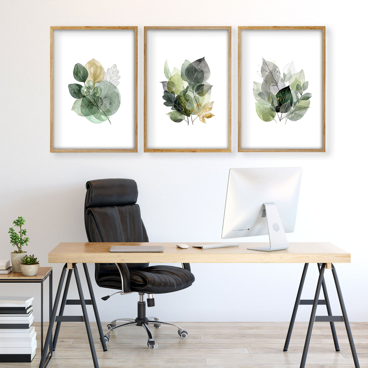 Paintings for Home Office Botanical Watercolour Leaves Green & Gold wall art displayed on a wall in a styled room — view 2