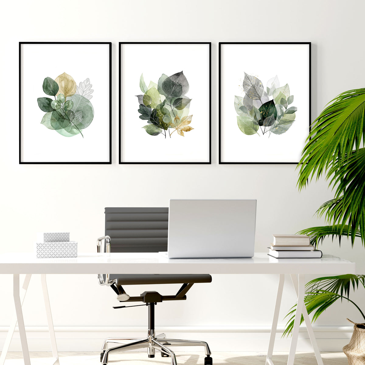 Paintings for Home Office Botanical Watercolour Leaves Green & Gold wall art displayed on a wall in a styled room — view 3
