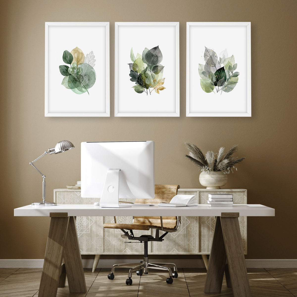 Paintings for Home Office Botanical Watercolour Leaves Green & Gold wall art displayed on a wall in a styled room — view 4
