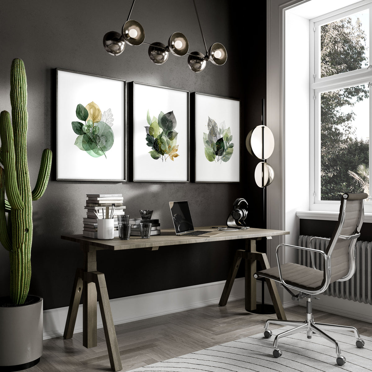 Paintings for Home Office Botanical Watercolour Leaves Green & Gold wall art displayed on a wall in a styled room — view 6