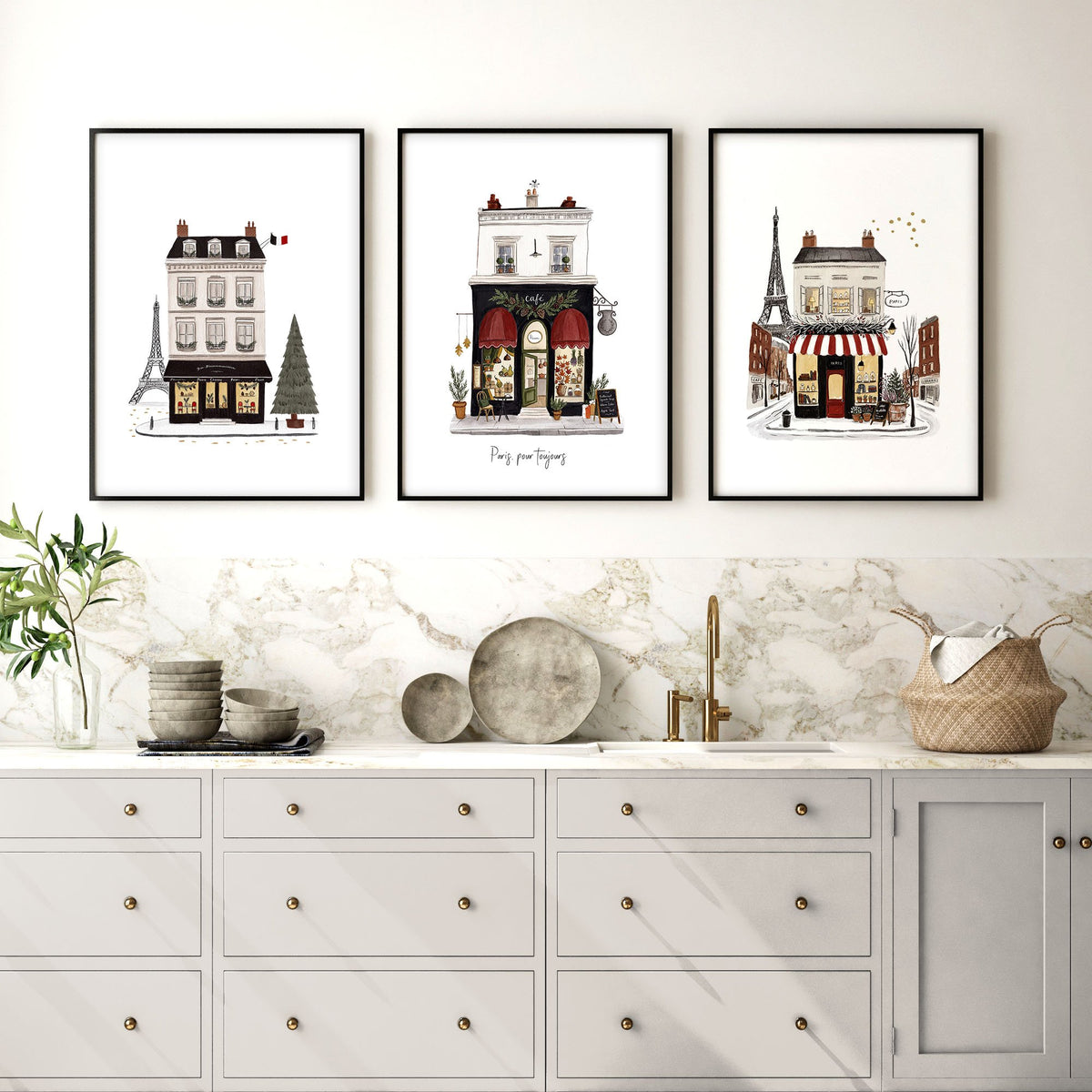 Paintings for Kitchen Paris Boutique Street Scenes "Paris, pour toujours" displayed on a wall in a styled room