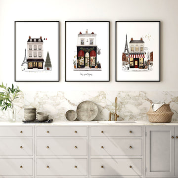 Paintings for Kitchen Paris Boutique Street Scenes "Paris, pour toujours" displayed on a wall in a styled room