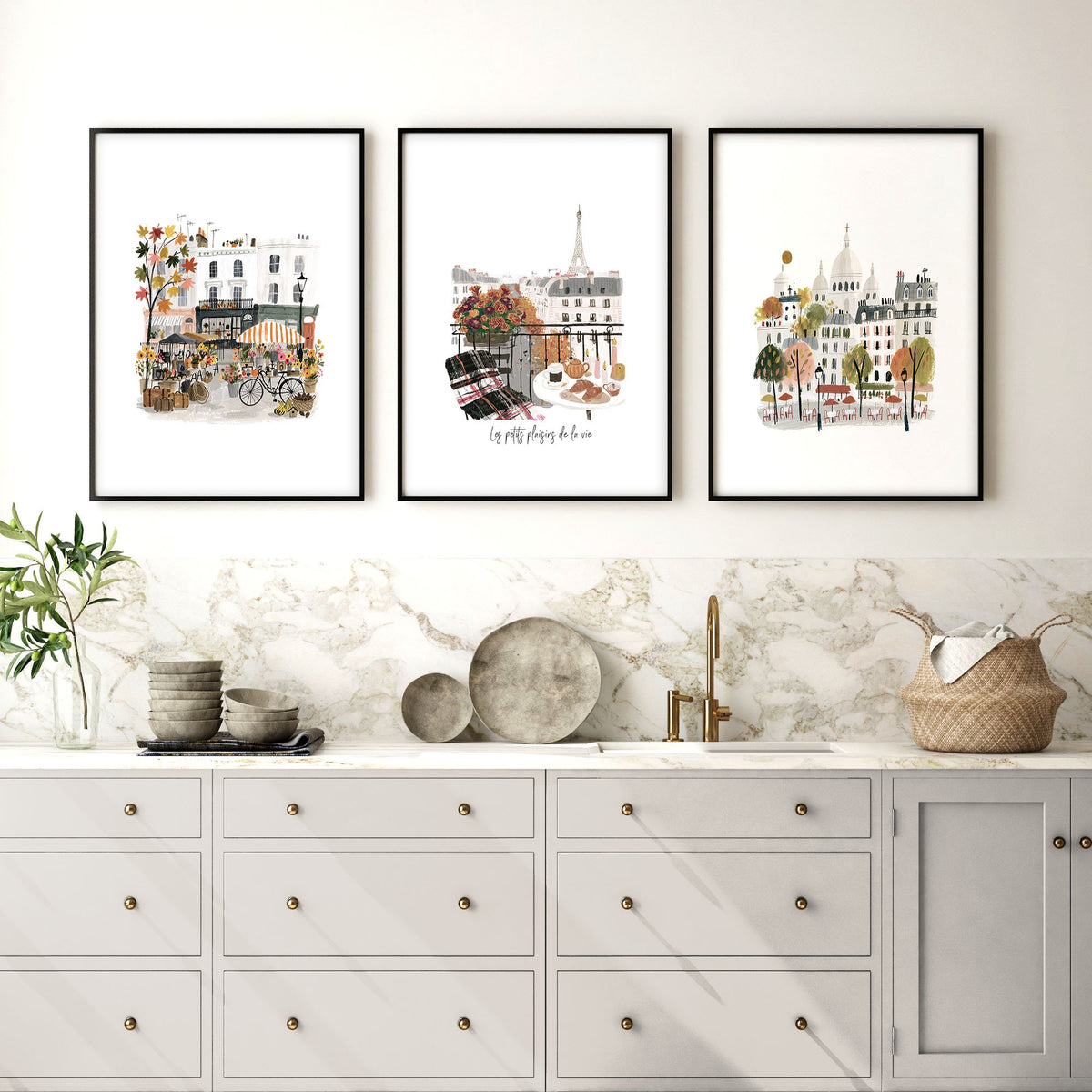 Paintings for Kitchen Paris Travel wall art | "Les Petits Plaisirs de la Vie" Eiffel Tower & Montmartre displayed on a wall in a styled room