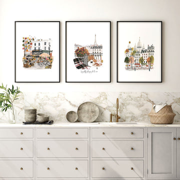 Paintings for Kitchen Paris Travel wall art | "Les Petits Plaisirs de la Vie" Eiffel Tower & Montmartre displayed on a wall in a styled room