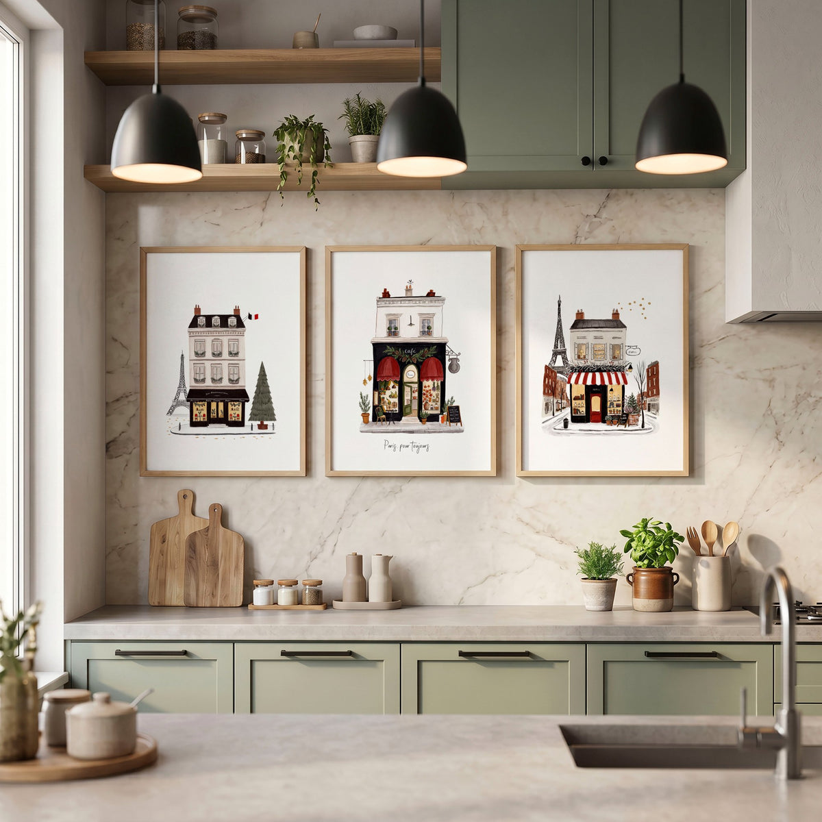Paintings for Kitchen Paris Boutique Street Scenes "Paris, pour toujours" displayed on a wall in a styled room — view 2