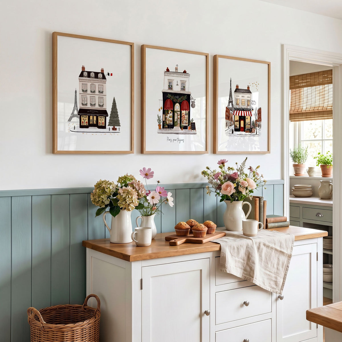 Paintings for Kitchen Paris Boutique Street Scenes "Paris, pour toujours" displayed on a wall in a styled room — view 3