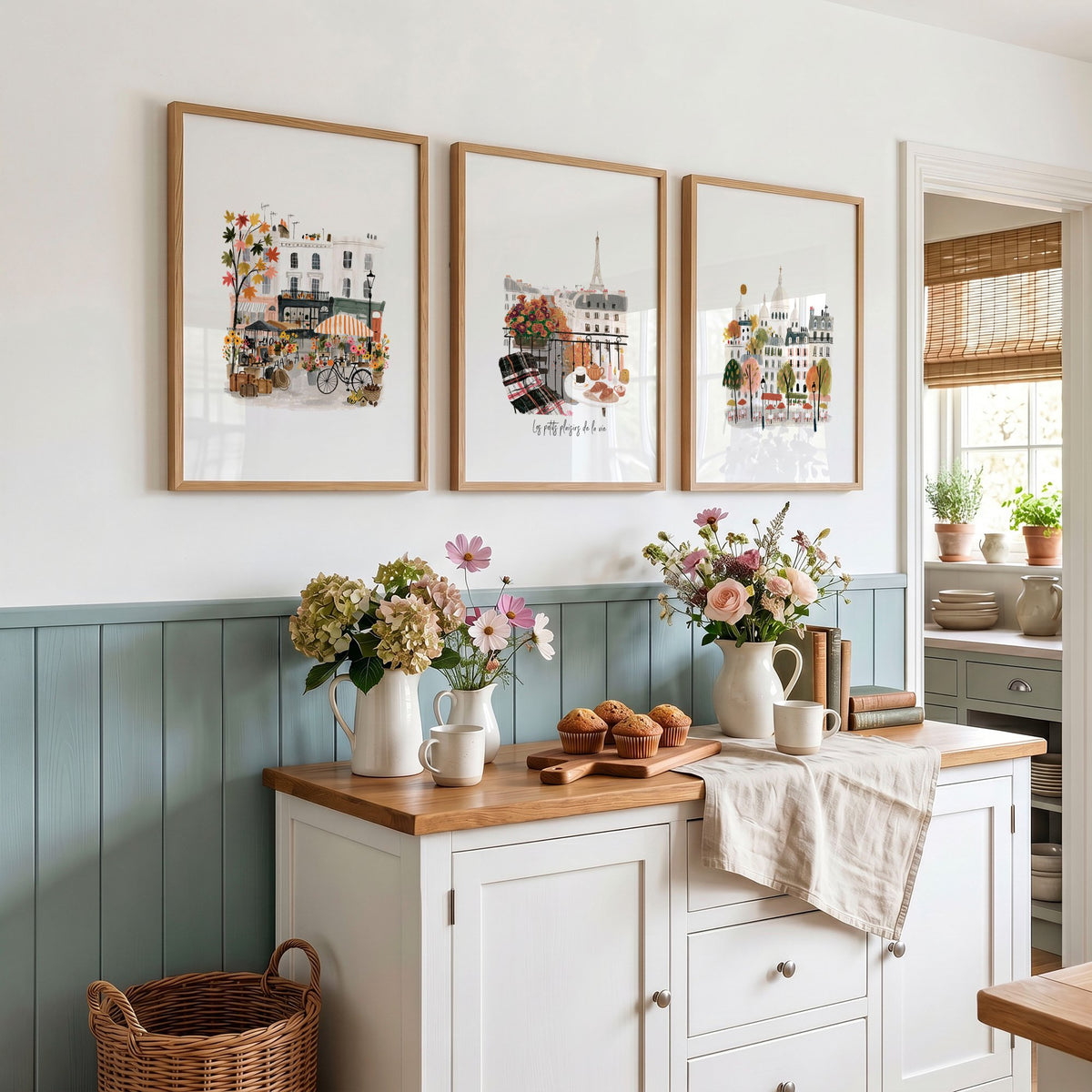 Paintings for Kitchen Paris Travel wall art | "Les Petits Plaisirs de la Vie" Eiffel Tower & Montmartre displayed on a wall in a styled room — view 3
