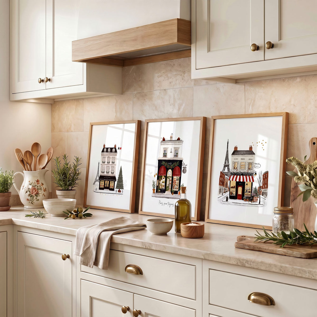 Paintings for Kitchen Paris Boutique Street Scenes "Paris, pour toujours" displayed on a wall in a styled room — view 5