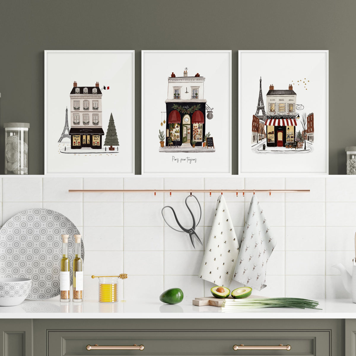 Paintings for Kitchen Paris Boutique Street Scenes "Paris, pour toujours" displayed on a wall in a styled room — view 6