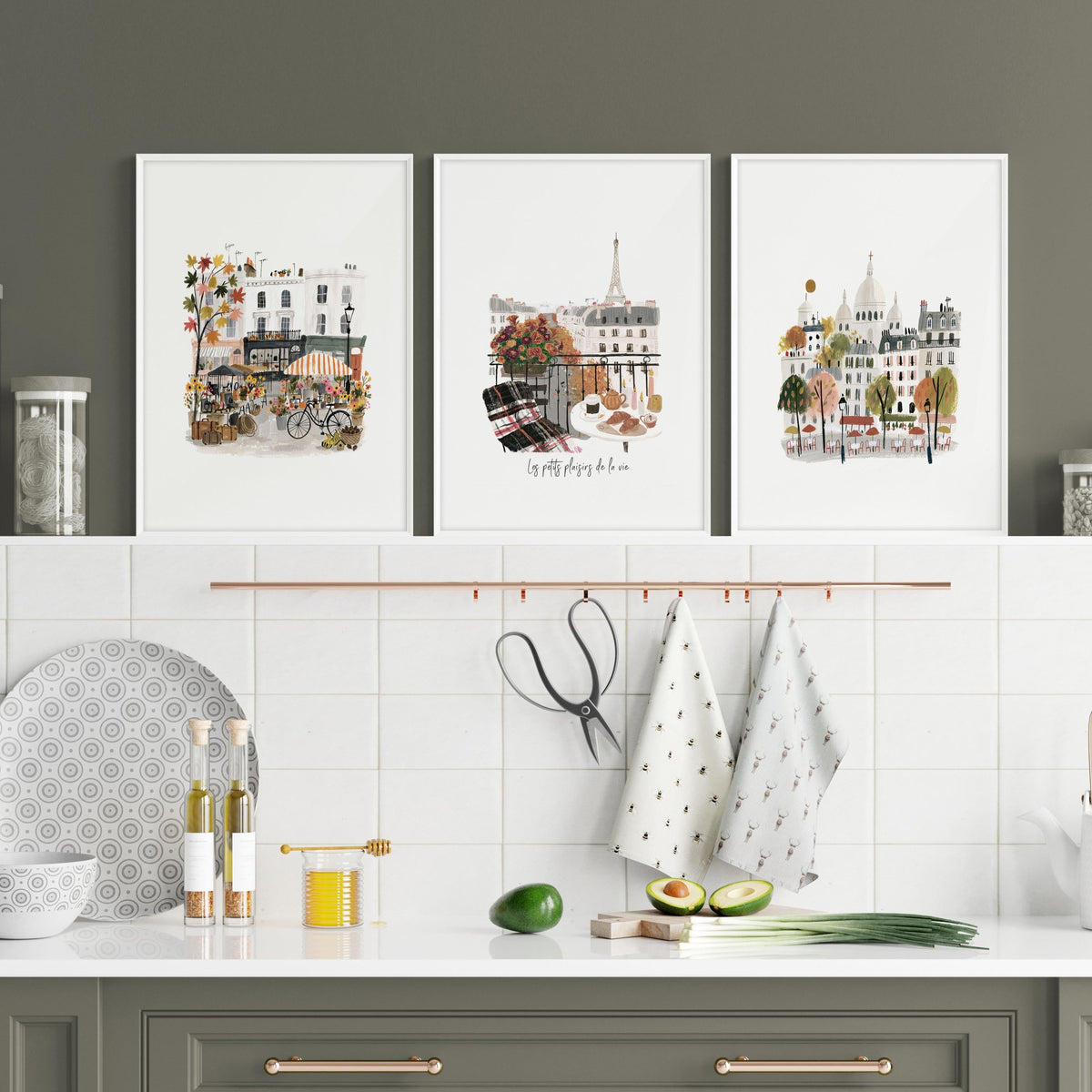 Paintings for Kitchen Paris Travel wall art | "Les Petits Plaisirs de la Vie" Eiffel Tower & Montmartre displayed on a wall in a styled room — view 6
