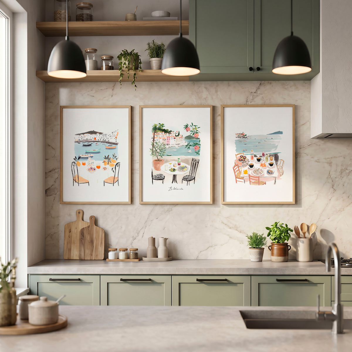 Paintings for Kitchen Walls Mediterranean Coastal Dining Scenes "La Dolce Vita" displayed on a wall in a styled room