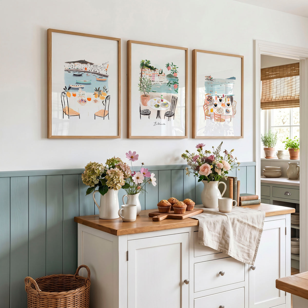 Paintings for Kitchen Walls Mediterranean Coastal Dining Scenes "La Dolce Vita" displayed on a wall in a styled room — view 2