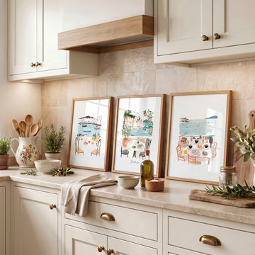 Paintings for Kitchen Walls Mediterranean Coastal Dining Scenes "La Dolce Vita" displayed on a wall in a styled room — view 4