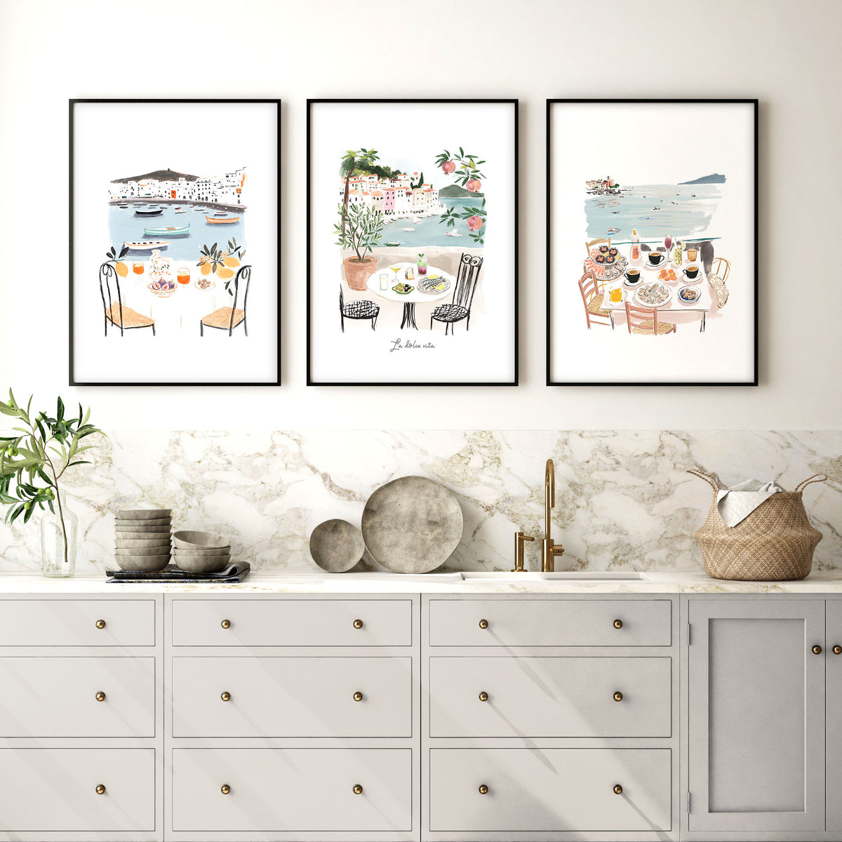 Paintings for Kitchen Walls Mediterranean Coastal Dining Scenes "La Dolce Vita" displayed on a wall in a styled room — view 5
