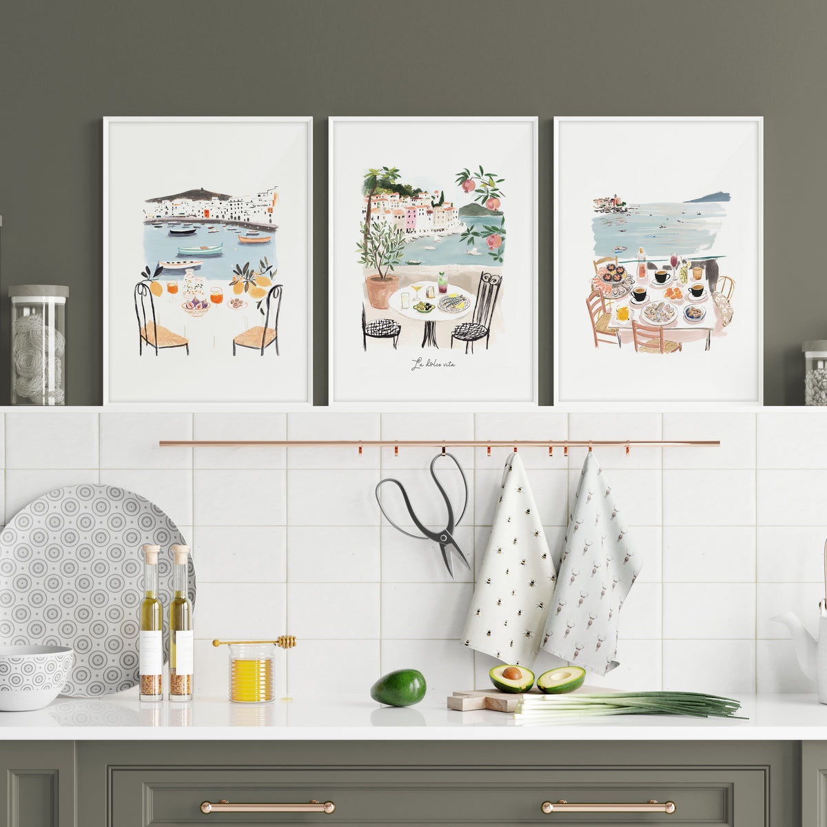 Paintings for Kitchen Walls Mediterranean Coastal Dining Scenes "La Dolce Vita" displayed on a wall in a styled room — view 6