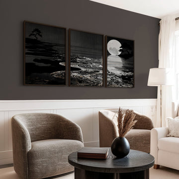 Paintings in Black Japandi Moonrise Coastal Landscape wall art displayed on a wall in a styled room