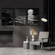 Paintings in Black Japandi Moonrise Coastal Landscape wall art displayed on a wall in a styled room — view 2