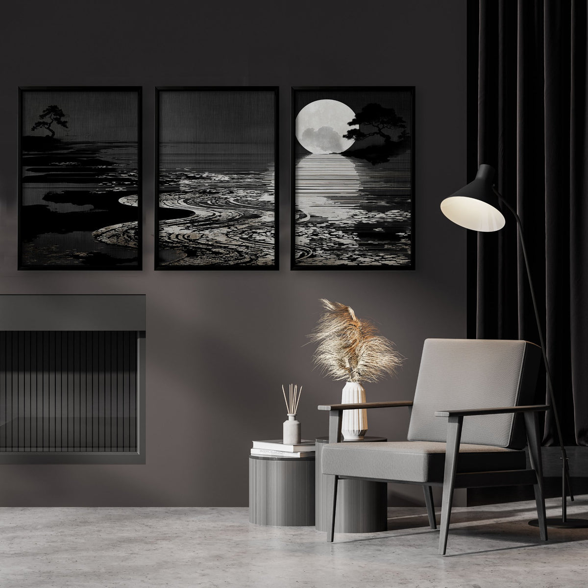 Paintings in Black Japandi Moonrise Coastal Landscape wall art displayed on a wall in a styled room — view 2