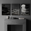 Paintings in Black Japandi Moonrise Coastal Landscape wall art displayed on a wall in a styled room — view 3
