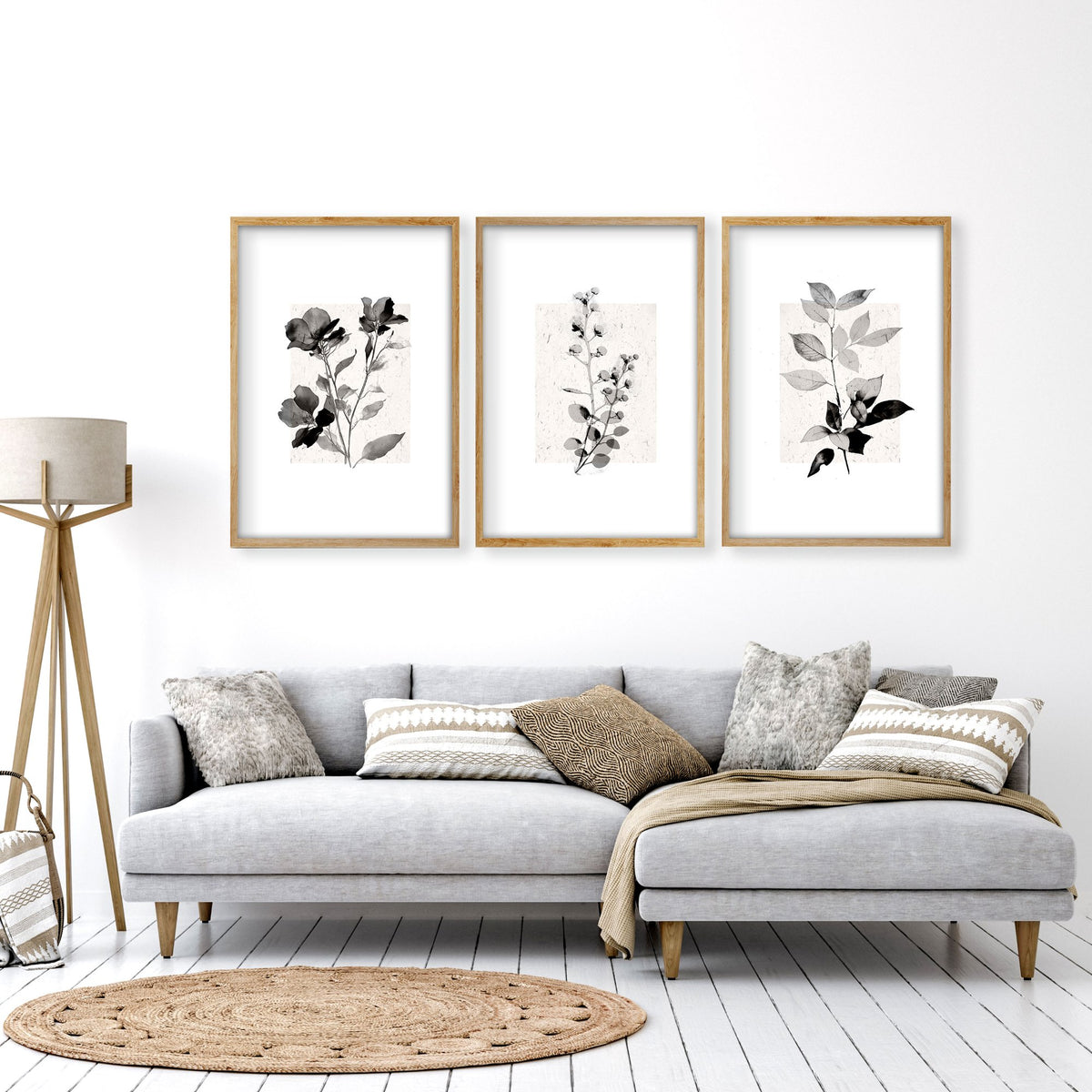 Paintings in Living Room French Country Botanical Ivory Grey Floral wall art displayed on a wall in a styled room — view 11