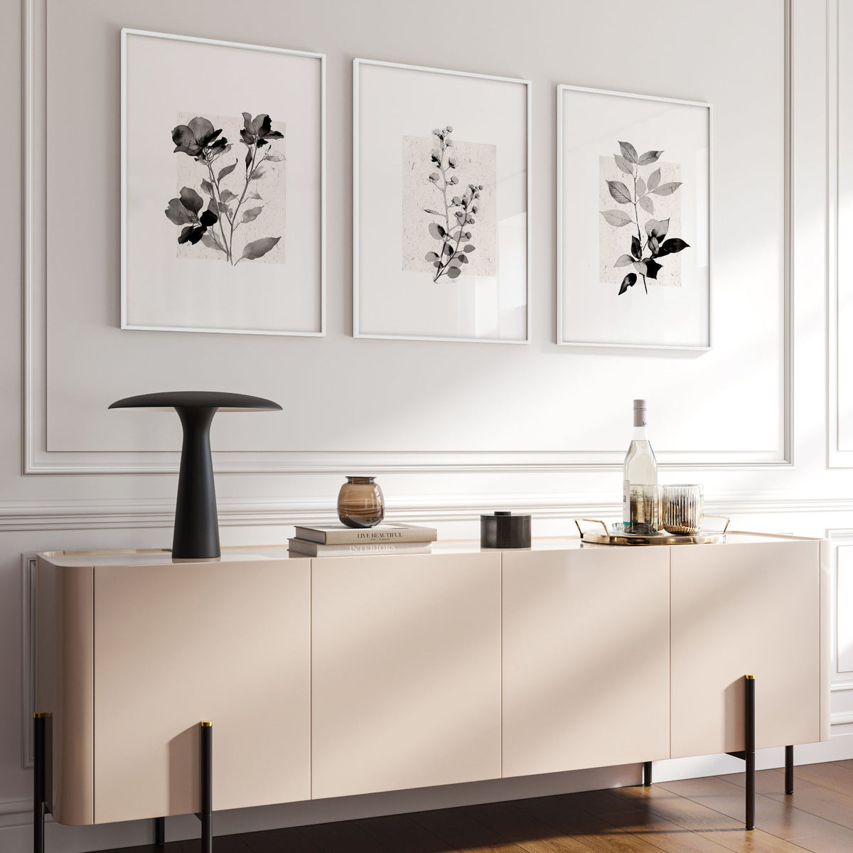 Paintings in Living Room French Country Botanical Ivory Grey Floral wall art displayed on a wall in a styled room — view 15