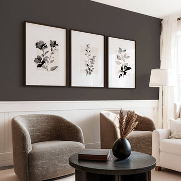 Paintings in Living Room French Country Botanical Ivory Grey Floral wall art displayed on a wall in a styled room