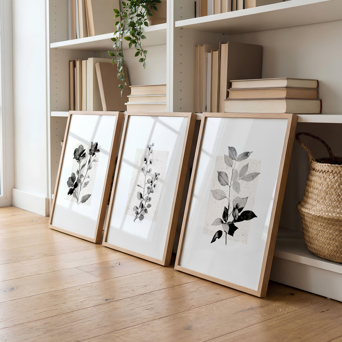 Paintings in Living Room French Country Botanical Ivory Grey Floral wall art displayed on a wall in a styled room — view 2