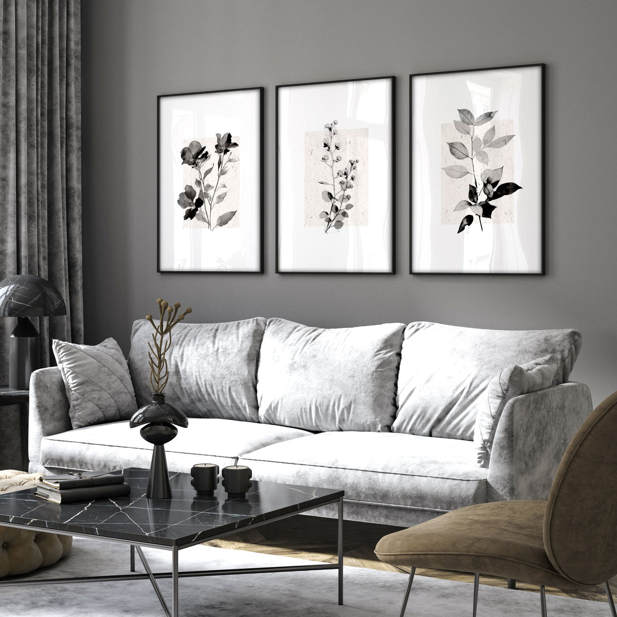 Paintings in Living Room French Country Botanical Ivory Grey Floral wall art displayed on a wall in a styled room — view 4