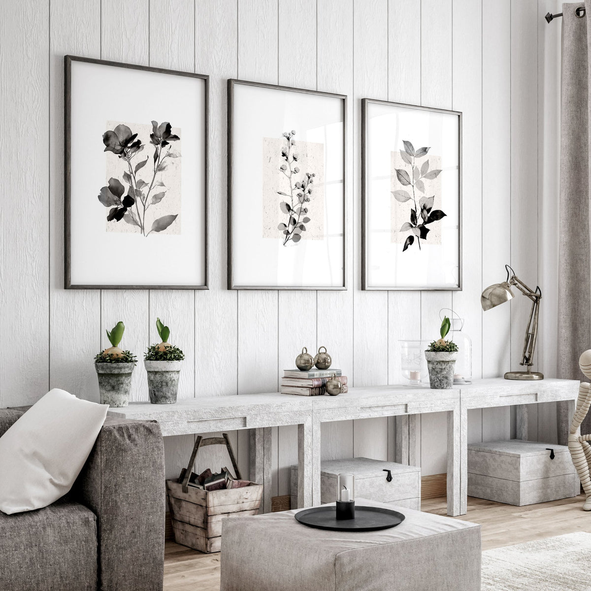 Paintings in Living Room French Country Botanical Ivory Grey Floral wall art displayed on a wall in a styled room — view 5