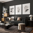 Paintings in Living Room French Country Botanical Ivory Grey Floral wall art displayed on a wall in a styled room — view 7