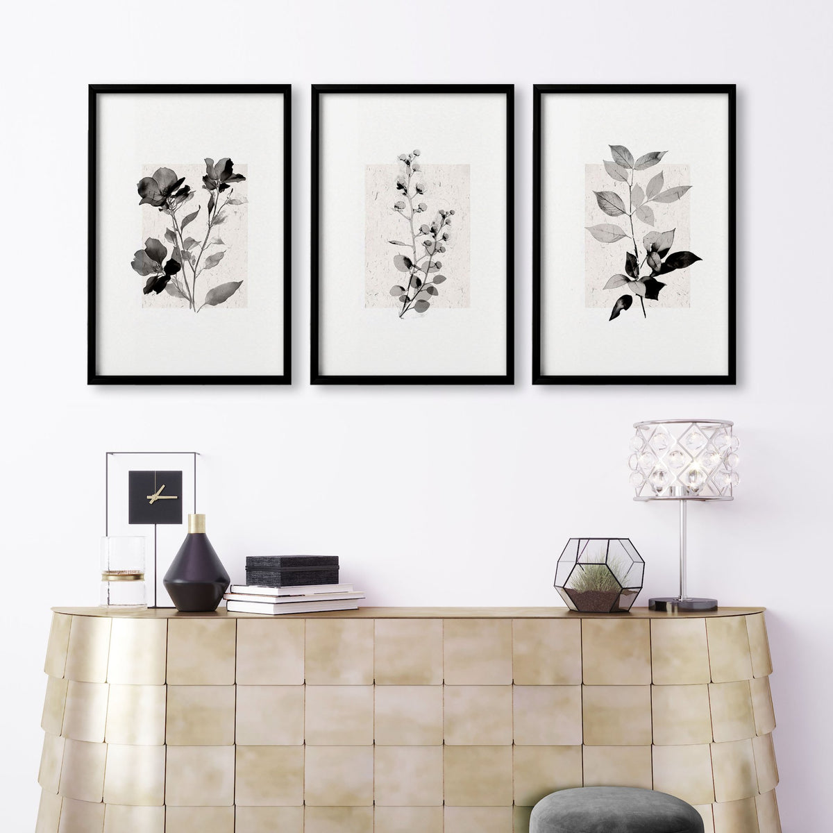 Paintings in Living Room French Country Botanical Ivory Grey Floral wall art displayed on a wall in a styled room — view 9