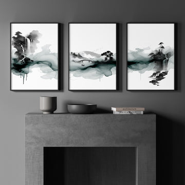Paintings Japanese Art Ink Wash Landscape wall art displayed on a wall in a styled room