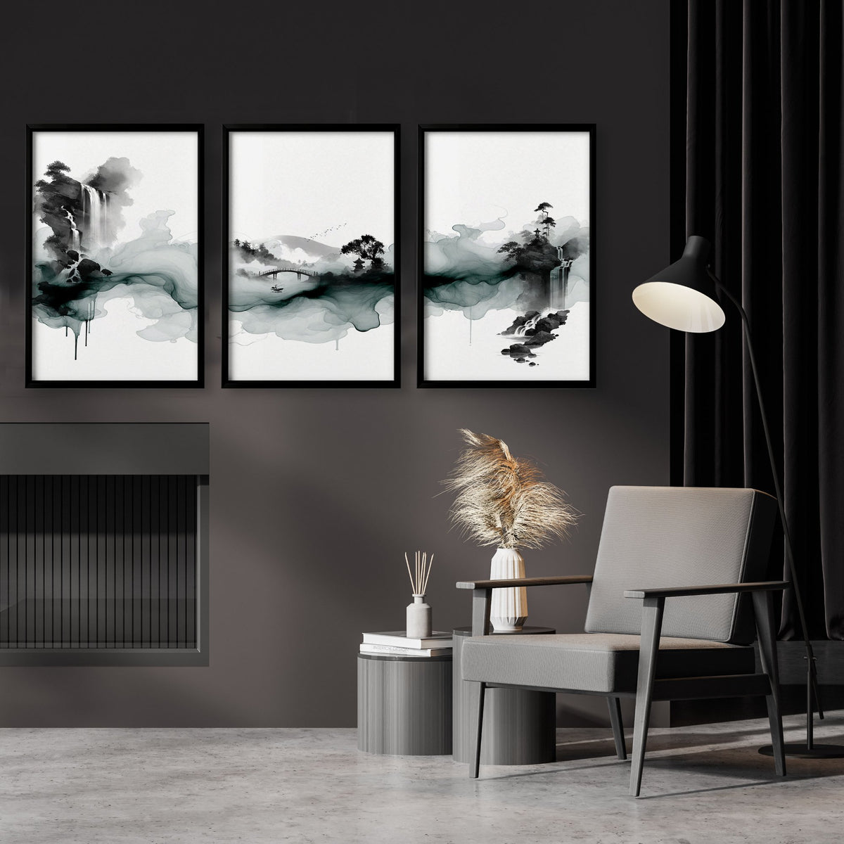 Paintings Japanese Art Ink Wash Landscape wall art displayed on a wall in a styled room — view 2