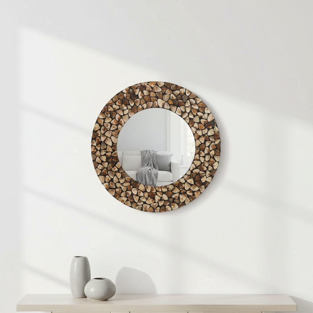 Palu Round Black Wall Mirror with Seashell Inlay