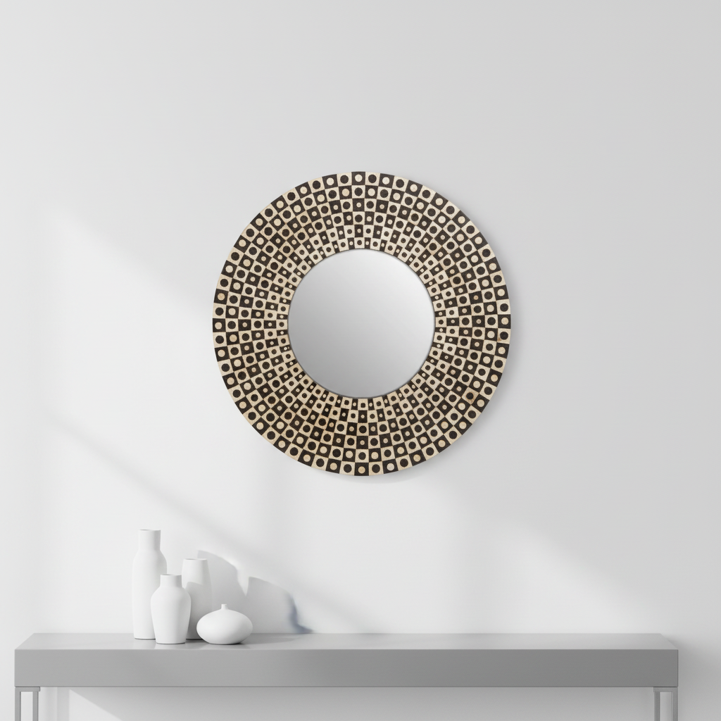 Palu Round Black Wall Mirror with Shell Inlay