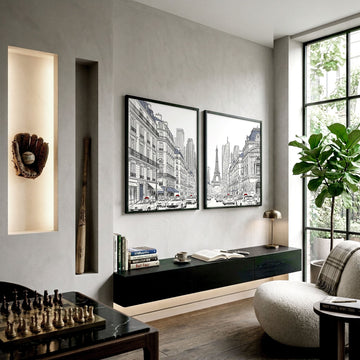 Paris Posters Black & White Street Scene with Eiffel Tower displayed on a wall in a styled room