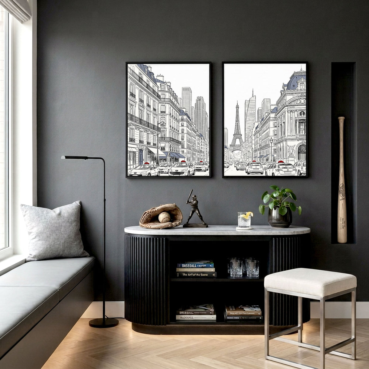 Paris Posters Black & White Street Scene with Eiffel Tower displayed on a wall in a styled room — view 2